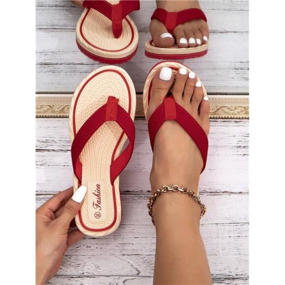 Variété Boutique Shoes - Women Fashion Shoes Red Summer Straw Weaving Flat Sandals Casual Beach Slippers